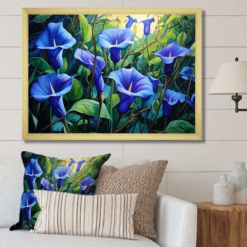 «Purple Morning Glory Blossom Burst I» - art mural Morning Glory, Cadre d'angle fermé doré, H 32 po x l 16 po x P 1 po