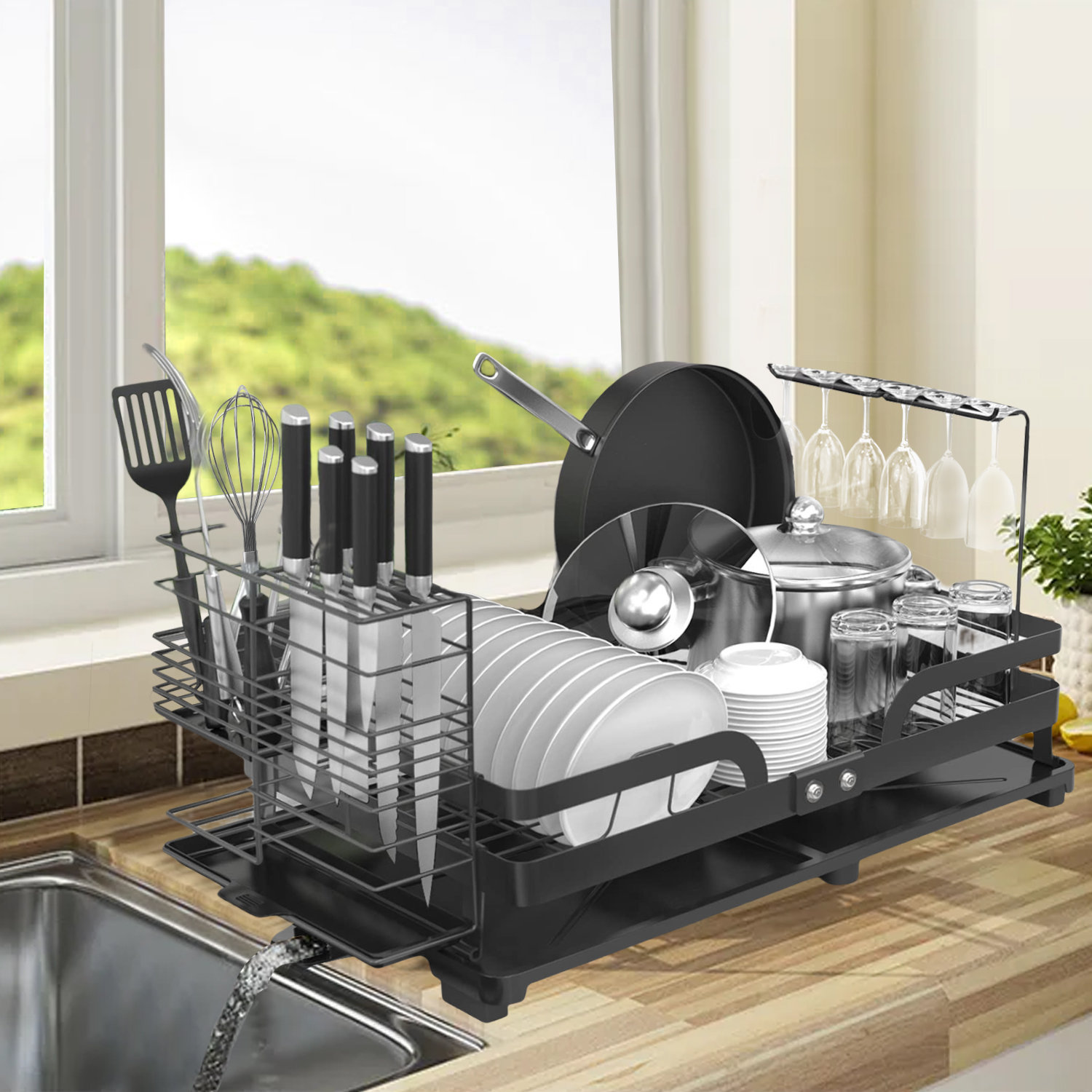 Dish Drying Rack, Rustproof Aluminium Dish Racks for Kitchen Counter,  Expandable(14.9-22.2) Kitchen Sink Large Dish Drying Rack with  Drainboard