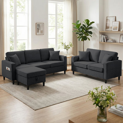 Ensemble de salon 3 pièces en lin avec repose-pieds, canapé modulaire et causeuse avec poches latérales, gris foncé