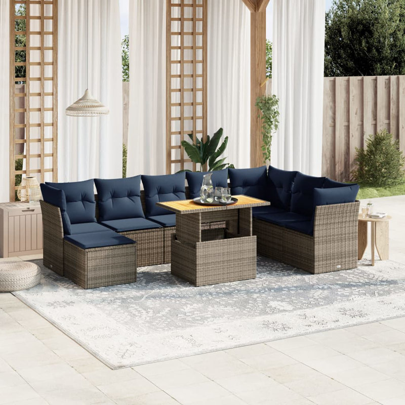  Ensemble de canapé de patio 9 pièces avec coussins en rotin de polyester, Gris, Bleu