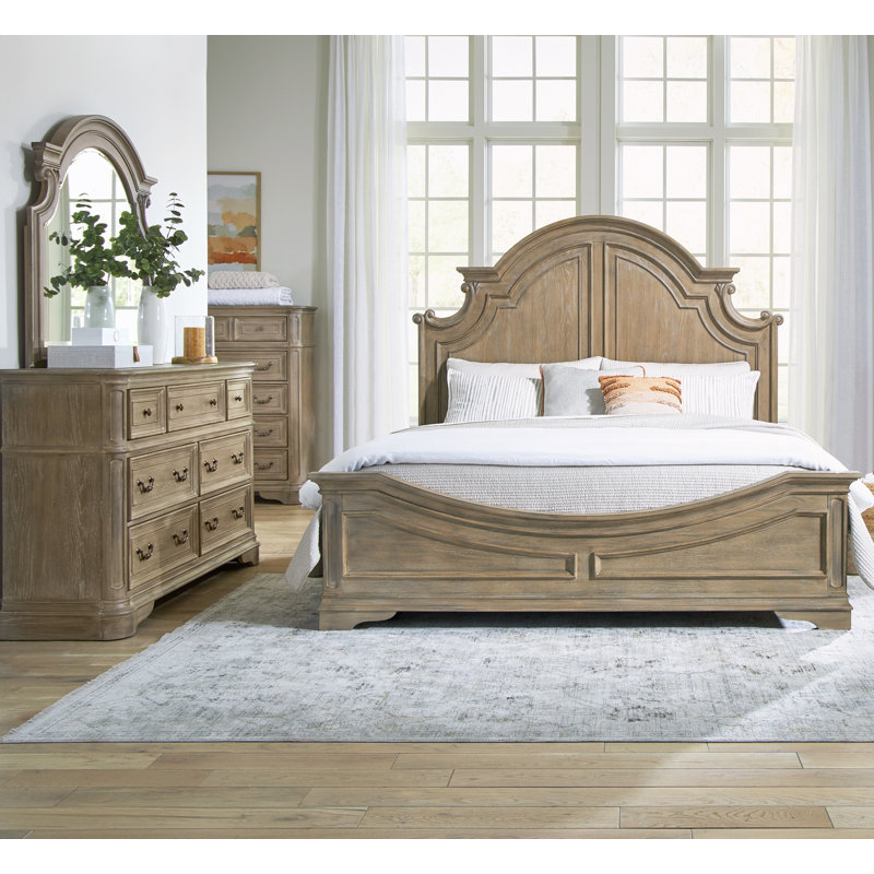 Ensemble de lit à panneau très grand Colchester, commode et miroir, ensemble de commode, King, Brown