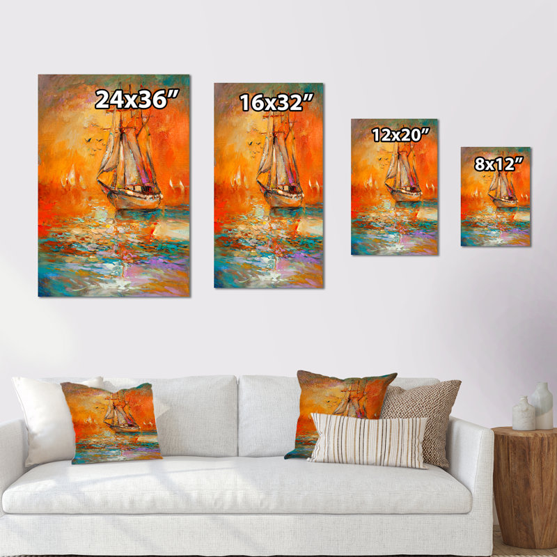 «Colorful Ocean Sail Boat II» - Impression sur bois orange nautique et côtier, H 32 po x l 16 po, Toile tendue