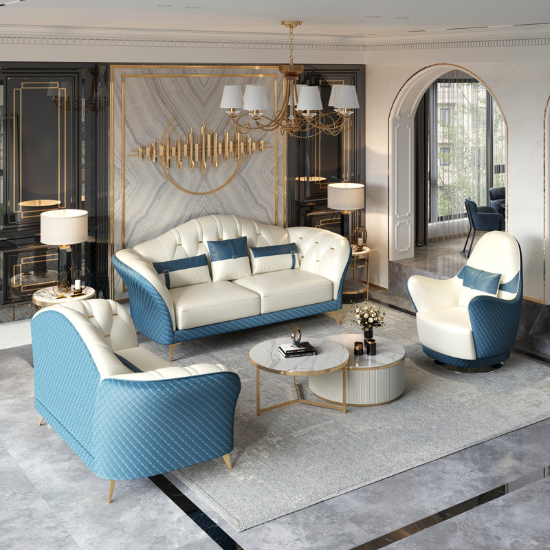 Elberton 3 - Piece Living Room Set, Off White/Blue Genuine Leather