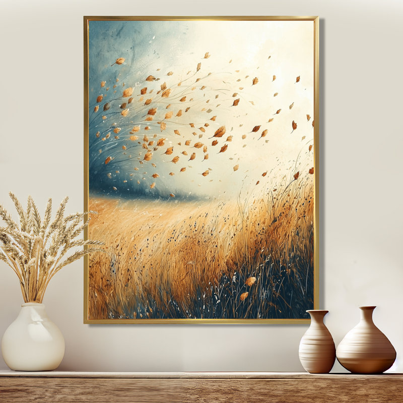 «Meadow Windy Prairie Leaves I», art mural prairie, Reproduction avec cadre flottant, H 20 po x l 12 po, Doré