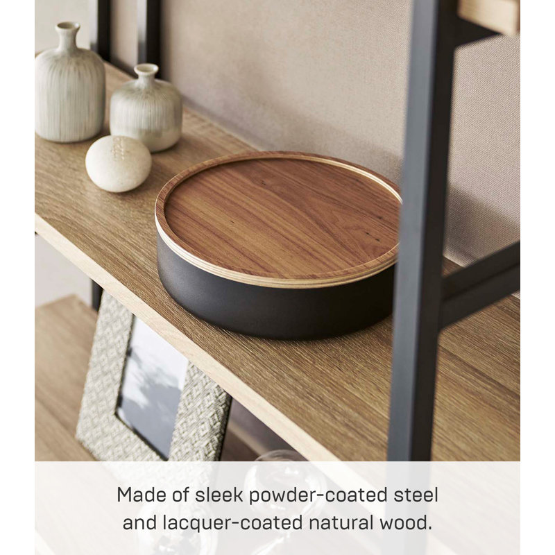 Black Steel and Wood Round Storage Bin