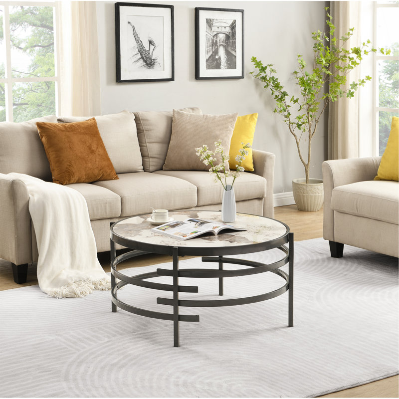 Table basse 32,48 po avec plateau en pierre frittée et structure en métal robuste, Gris
