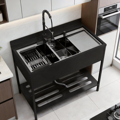 23.62"x43.43" Matte Black Freestanding Double Bowl Utility Sink Station, 304 Stainless Steel Two Basin Outdoor Laundry Sink with Spring Pull Down Faucet & Ventilated Storage Shelf