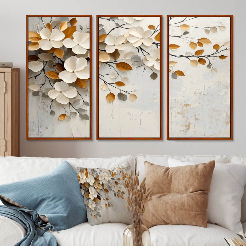 Fleurs de cerisier blanc orange et botanique II - ensemble d'art mural fleurs de cerisier, Toile avec cadre flottant brun