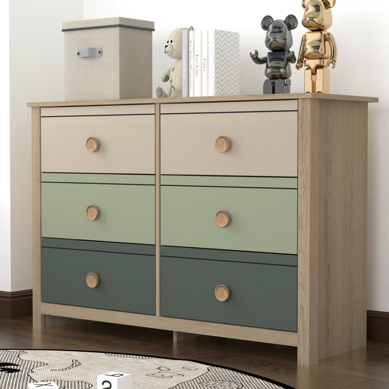 Bustillo 46.1'' W kids 6 -Drawer Dresser, Oslo Oak/Parchment/Sage Green/Kale Green