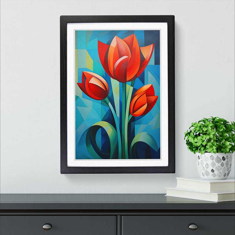 Tulip Flower Constructivism No.2 - Single Picture Frame Print on Wood, 64cm H x 46cm W, Black Framed