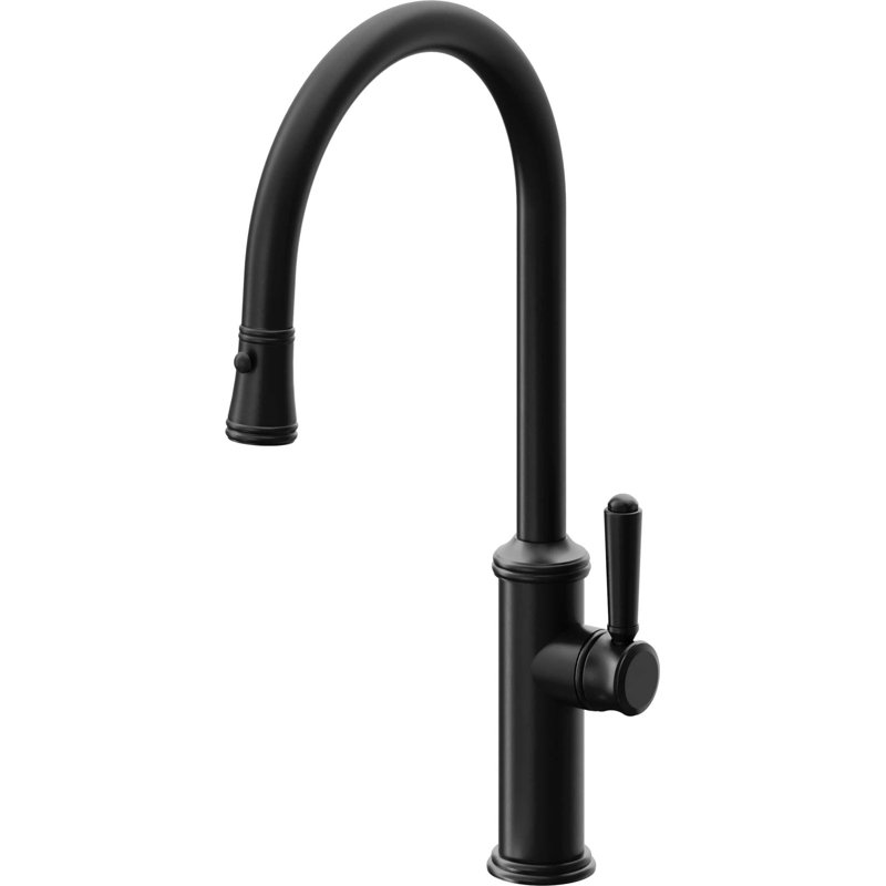 Davoli Pull-Down Kitchen Faucet with Button Sprayer - High Arc Spout, Matte Black