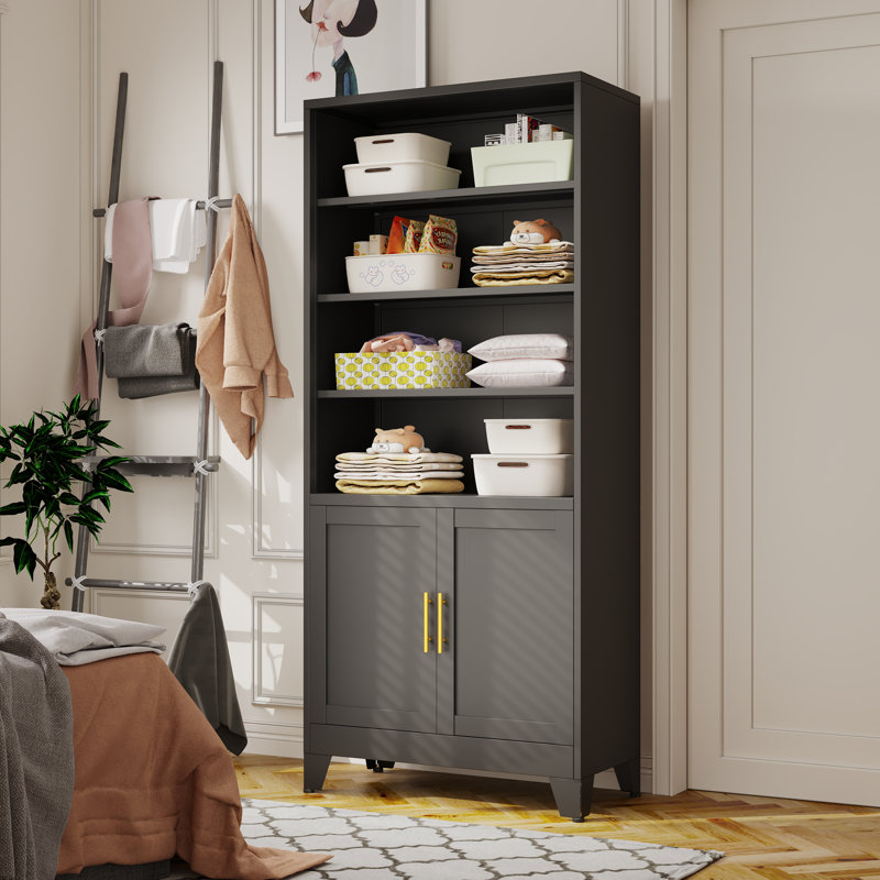 Latitude Run® 75.2''H Open Freestanding Display Storage Cabinet With Adjustable Stoarage Shelves And Doors, Black