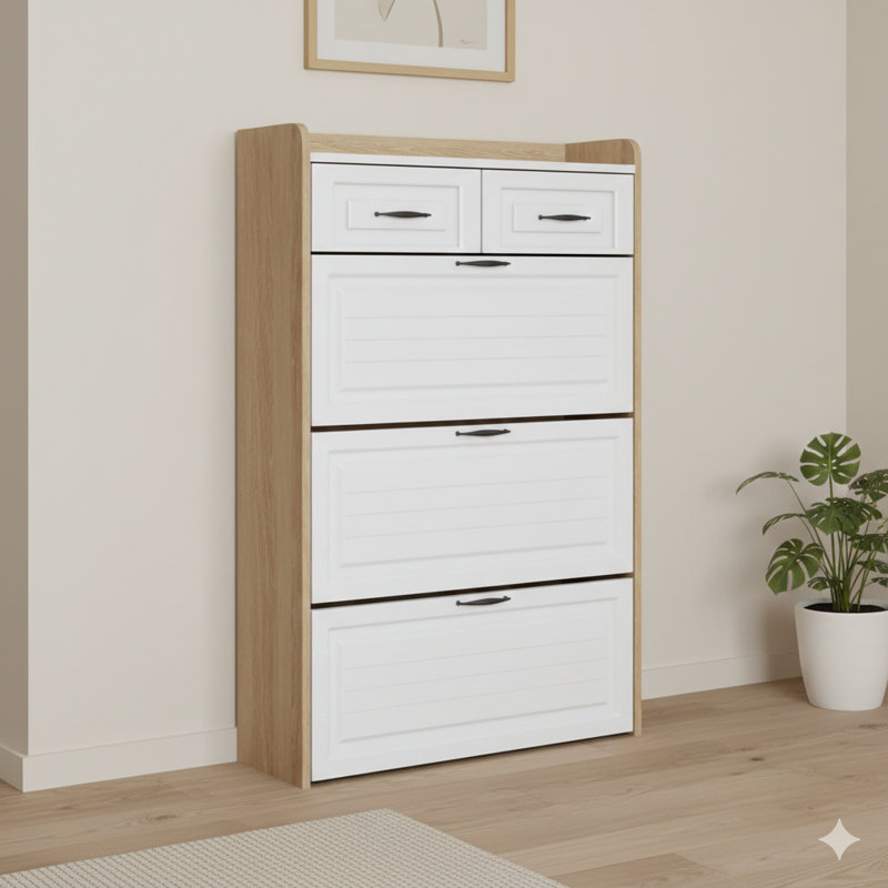 Armoire à chaussures avec finition blanche et chêne avec trois portes et deux tiroirs, offrant beaucoup d'espace de rangement