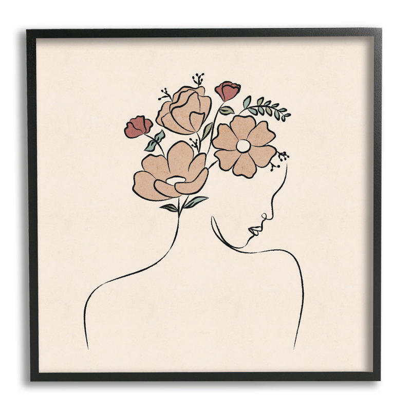 Motif floral abstrait femme faisant face à la ligne Doodle, Giclée encadrée noir minuit, H 12 po x l 12 po x P 1,5 po