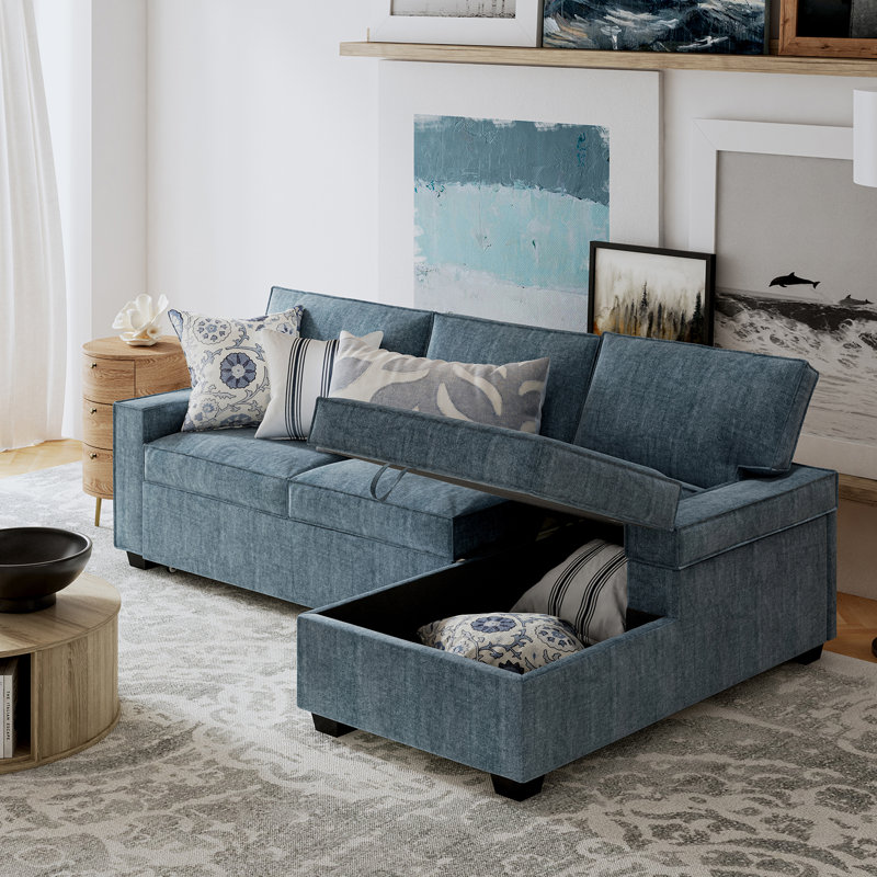 Yates 2 - Piece Upholstered Pull Out Sectional Sleeper Sofa With Storage Chaise, Blue Polyester