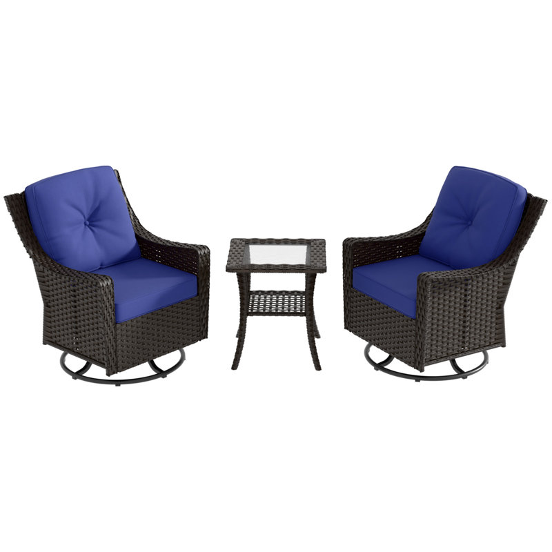 Azure Bay 3-Piece Brown Steel Wicker Outdoor Bistro Set with Blue Cushions