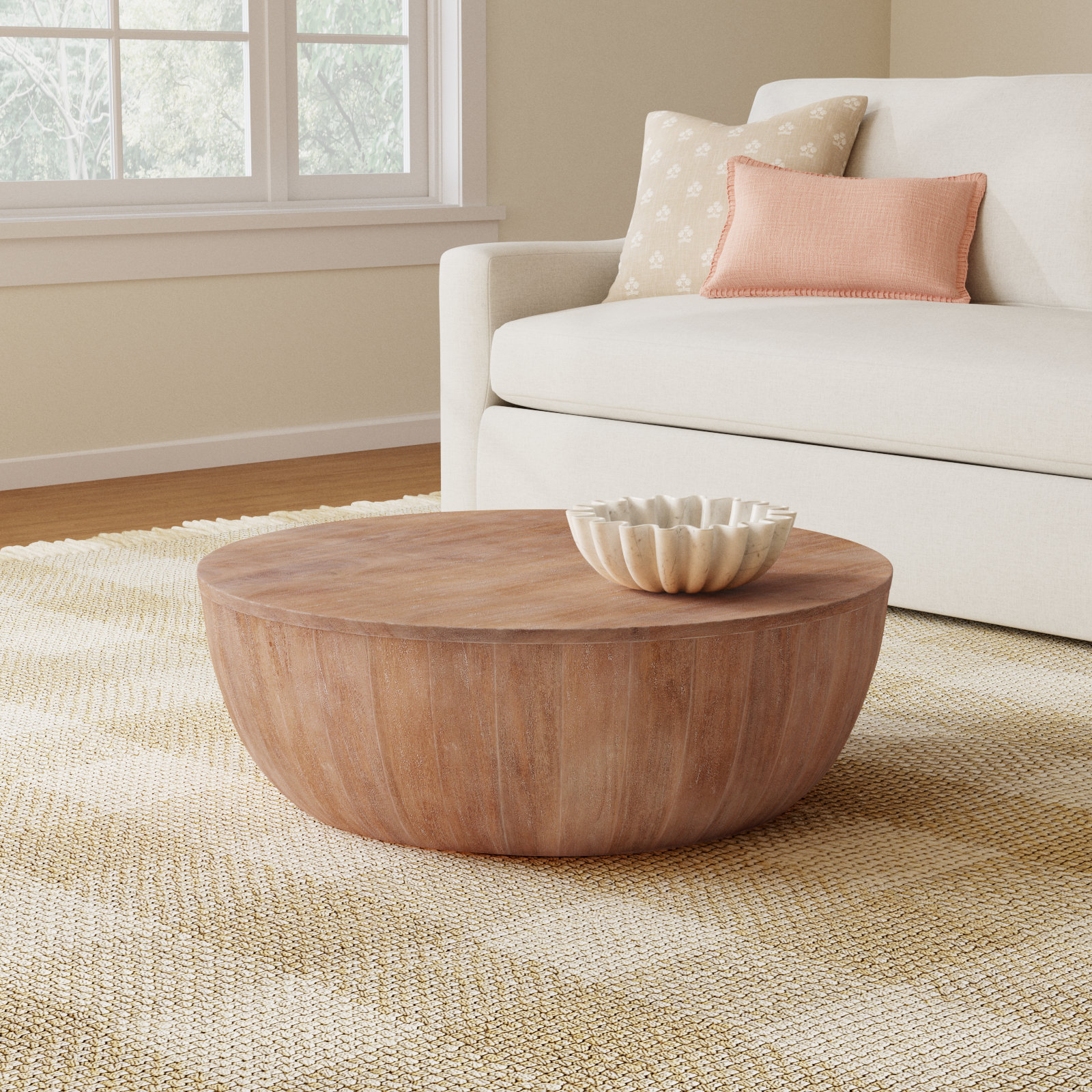 Teasdale Solid Wood Single Drum Coffee Table, Distressed Brown