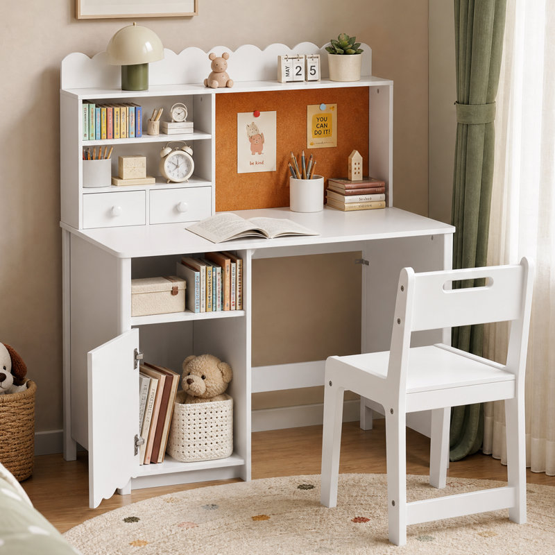 Ensemble de bureau et chaise blanc avec armoire de rangement et planche de liège, White
