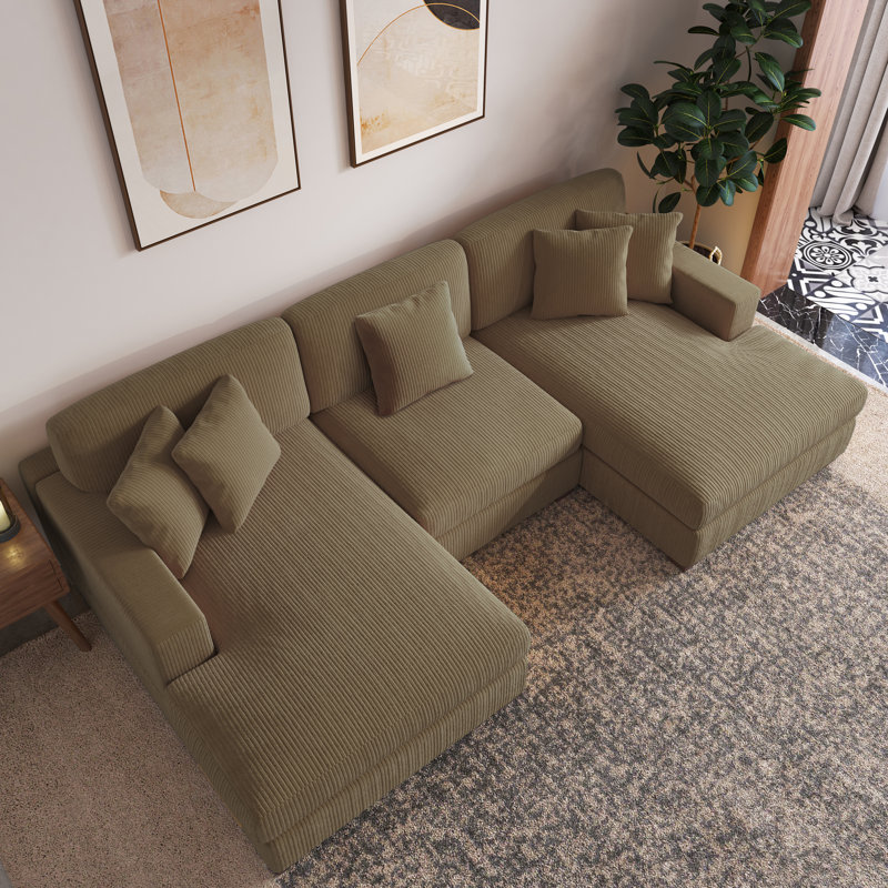 Milbrey 3 - Piece Upholstered Camel Corduroy Modular Sectional Sofa with Pillow Back and Solid Wood Legs, Camel Corduroy 