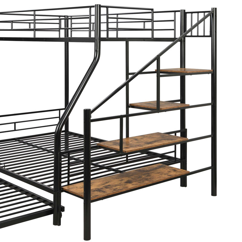 Lit superposé en métal avec lit gigogne et escalier de rangement, conception compacte et durable pour les chambres modernes