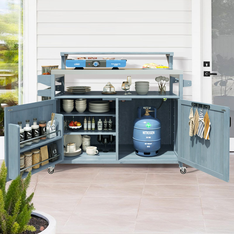 Îlot de cuisine extérieur avec tablette surélevée, armoire de rangement en bois massif avec plateau en acier inoxydable