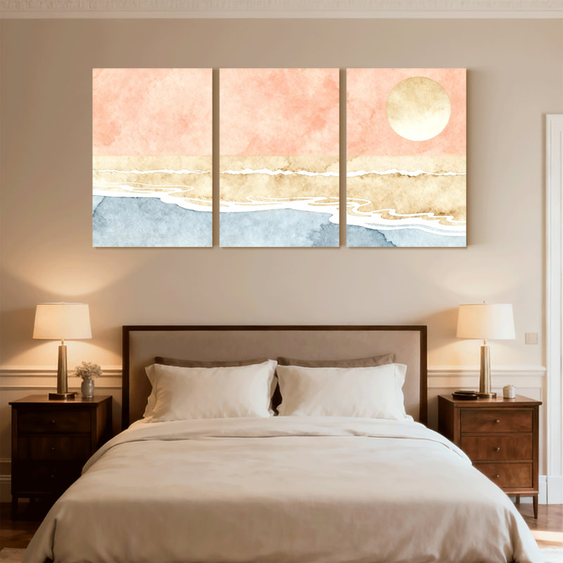 Nautique et plage, ciel pastel, coucher de soleil, océan, vagues, horizon, soleil, ensemble de 3 impressions sur toile