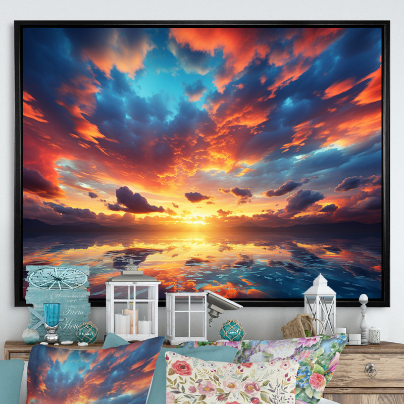 Magical Sunset Sky I - art mural ciel, Cadre flottant noir, H 24 po x l 32 po x P 1 po