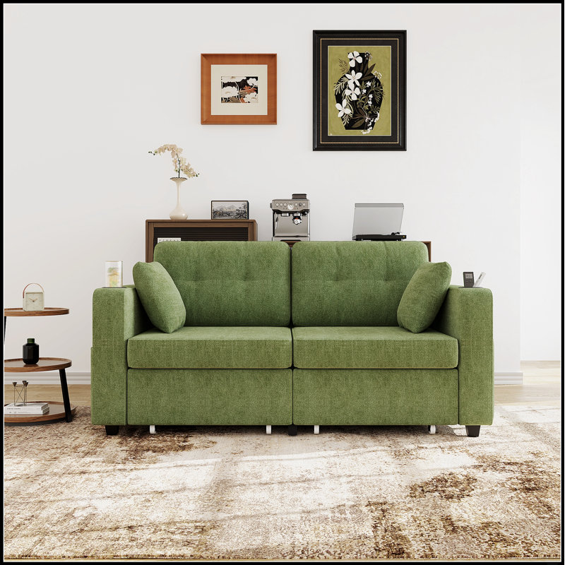 Canapé moderne à trois places en chenille avec porte-gobelets de rangement à chargement USB et structure en bois pour le salon