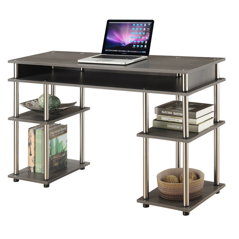 Bureau d'écriture avec tablettes sans outils Edwin, Gris anthracite / mâts argent