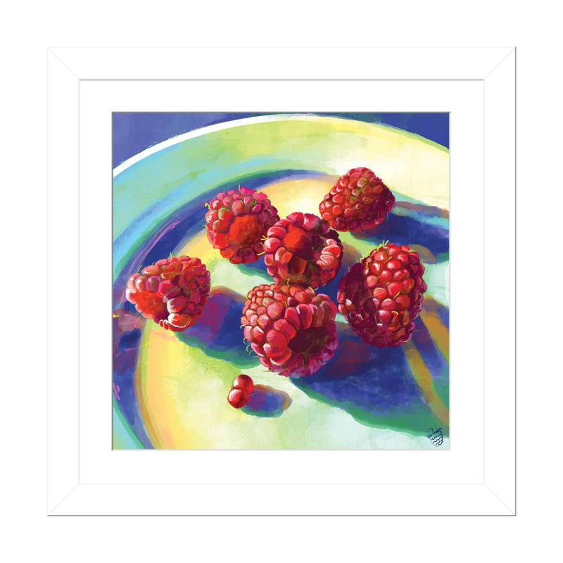 Framboises sur une plaque - reproduction d'art murale - papier d'art encadré, H 16 po x l 16 po, Blanc