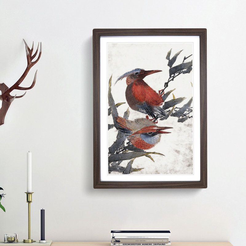 Two Birds by Katsushika Hokusai - Picture Frame Painting Print, 36cm H x 27cm W x 2cm D, Walnut Framed