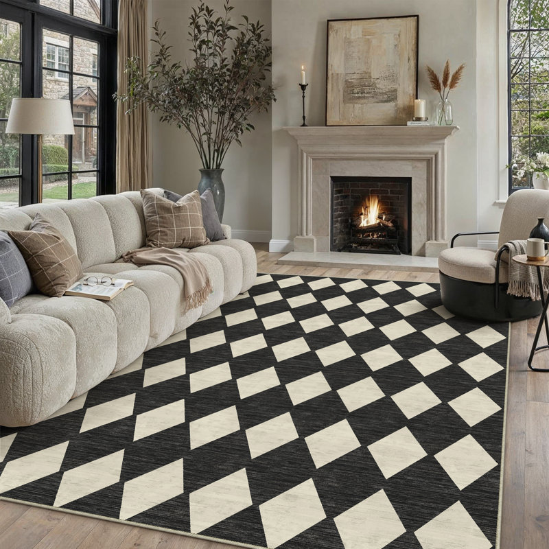 Tapis moderne lavable à losanges pour le salon avec envers antidérapant, Noir / blanc, Rectangulaire 8 pi x 10 pi
