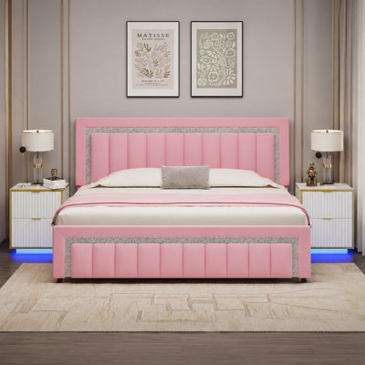 Velvet Diamond-Tufted LED Platform Bed with 2-Piece Modern LED Nightstand Set – 3-Piece Illuminated Bedroom Suite