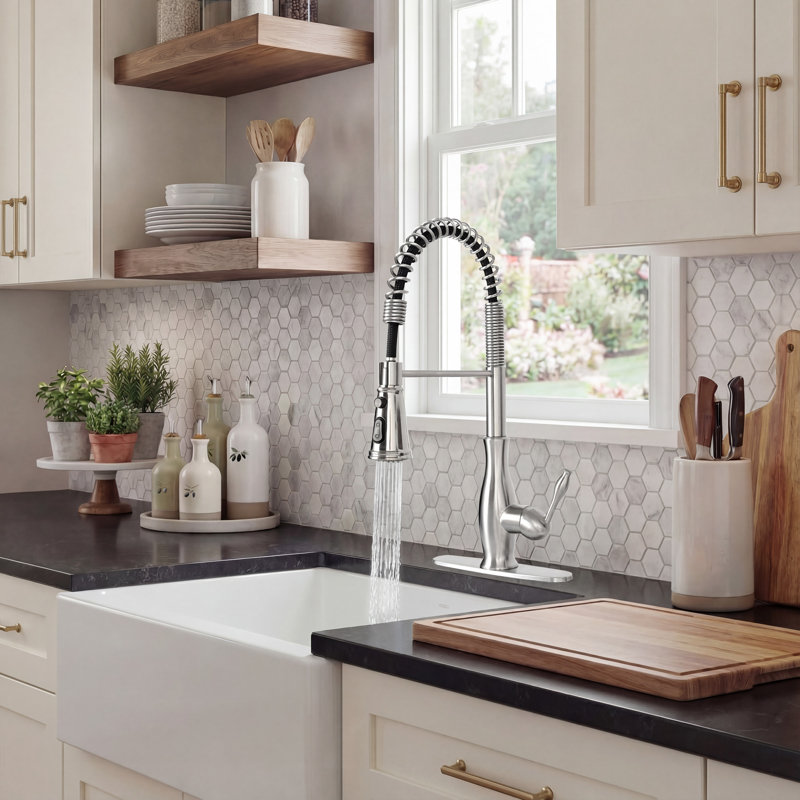 Robinet de cuisine avec pulvérisateur rétractable, robinets d'évier de cuisine à ressort à 3 fonctions avec plaque de pont, acier inoxydable 304, installation à 1 ou 3 trous, nickel brossé