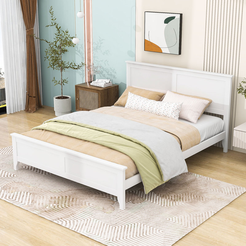 Audrey Wooden Platform Bed with Headboard and Slats Support, White, Queen