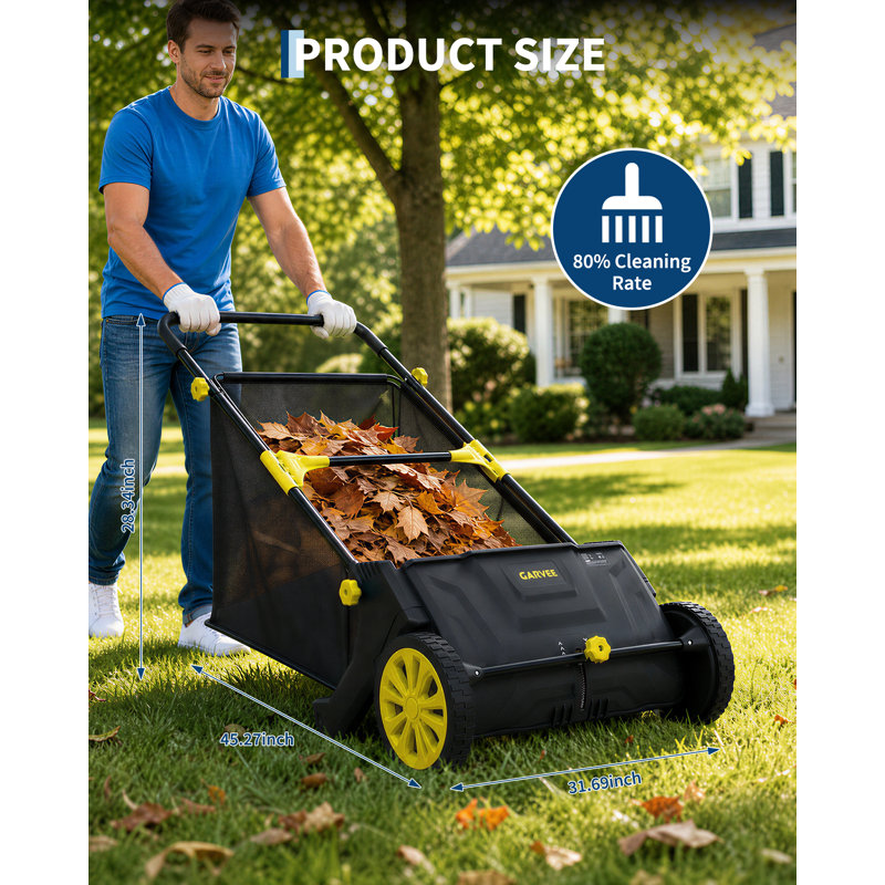 Manual Push Lawn Sweeper Leaf & Grass Collector, 21 in Sweeping Width, 3.5 cu ft Leaf Blower Bag, 4 Height-Adjustable Spinning Brushes, Rubber Wheels for Lawn, Sidewalk & Driveway