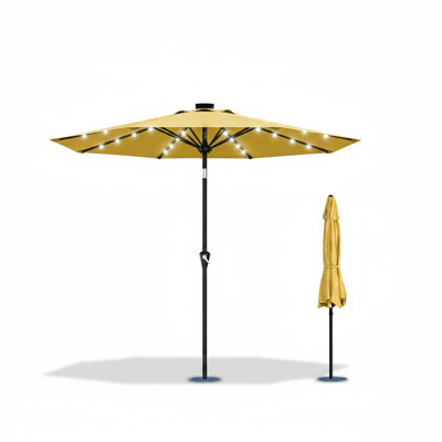 Parasol solaire de terrasse de 3 m (32 DEL), parasol de table de marché extérieur avec manivelle et bouton d'inclinaison, 8 baleines robustes, protection UV, pour terrasse, piscine, jardin.

