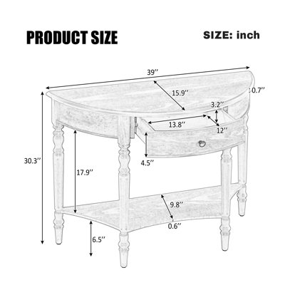 39'' Rustic Farmhouse Half Moon Console Table With Drawer & Shelf