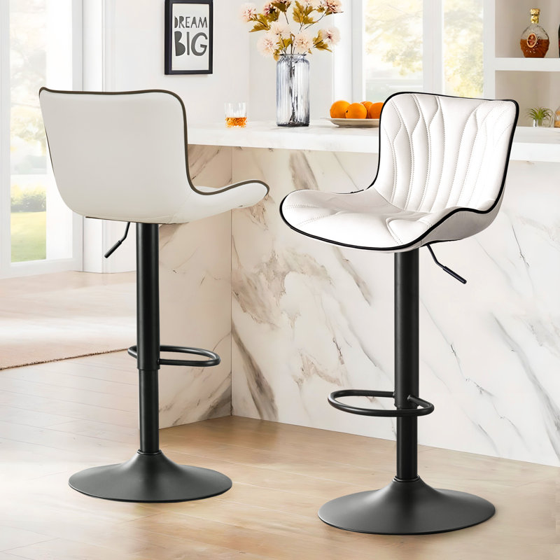 Swivel Height Adjustable Bar Stools Faux Leather Upholstered Counter Stools With Metal Frame, White