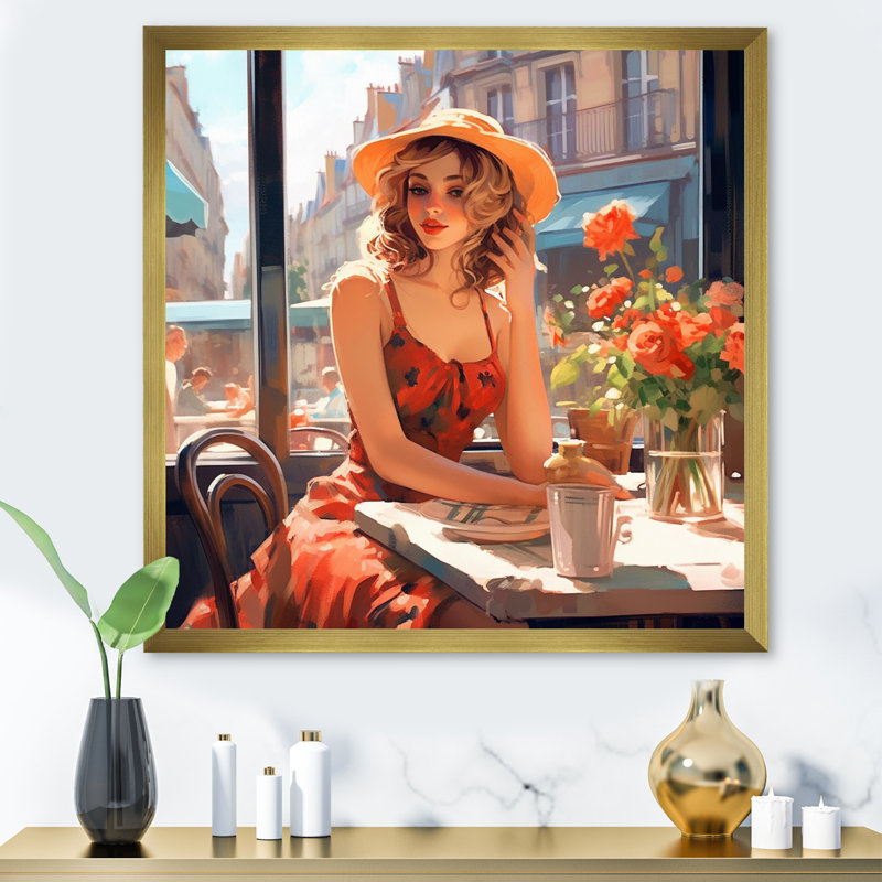 Portrait d'une femme à Paris III sur toile, H 24 po x l 24 po x P 1 po, Encadrement doré