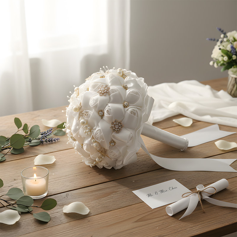 Bouquet de mariage rond en satin de rose fait à la main 7 pouces, Blanc