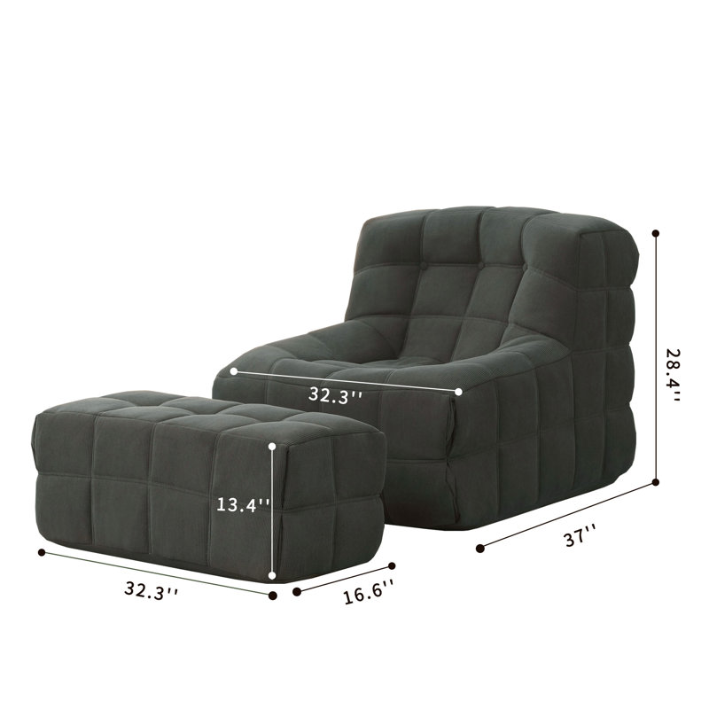 Fauteuil à billes rembourré avec repose-pieds 32,3 po Charitha, Velours côtelé gris