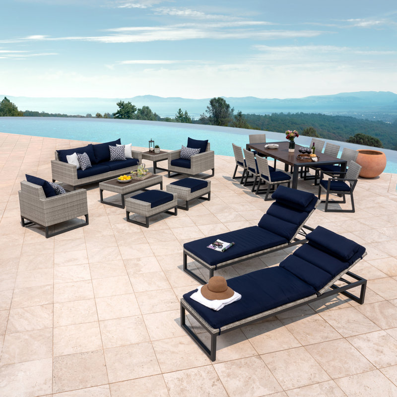 Sameko 18 Piece Rattan Complete Patio Set With Sunbrella Cushion Covers, Canvas Navy Sunbrella® Canvas, Gray