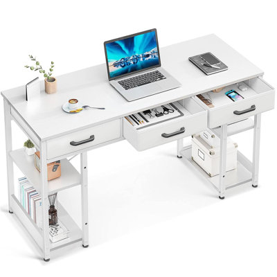 Bureau d'ordinateur moderne avec tiroirs en tissu et tablettes de rangement, petite table de bureau à domicile de 48 pouces, blanc