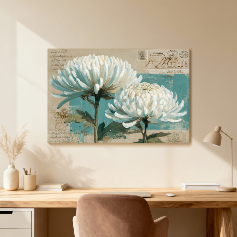 Plants &Flowers White Chrysanthemums On Vintage Postcard Background, 16" H x 24" W, Wrapped Canvas, Does Not Apply