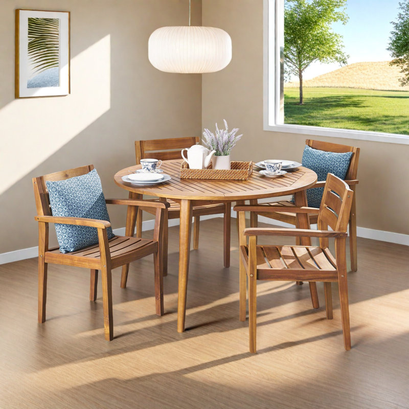 Schmitz 4 - Person Acacia Wood Patio Dining Set with Round Table