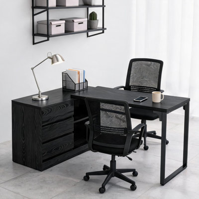 L-Shaped Executive Desk with Storage, MDF Top and Metal Frame, Corner or Straight Setup, Sleek Black, 39.4 W Home Office Workstation