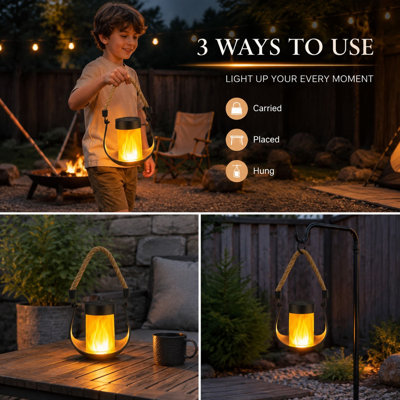 A 4 Pack of IP65 waterproof solar flame Halloween lanterns uses Flickering Flame lighting with Type-C/Solar Powered operation and a hanging design for patio, garden, yard, camping, or Halloween decor. For outdoor use.