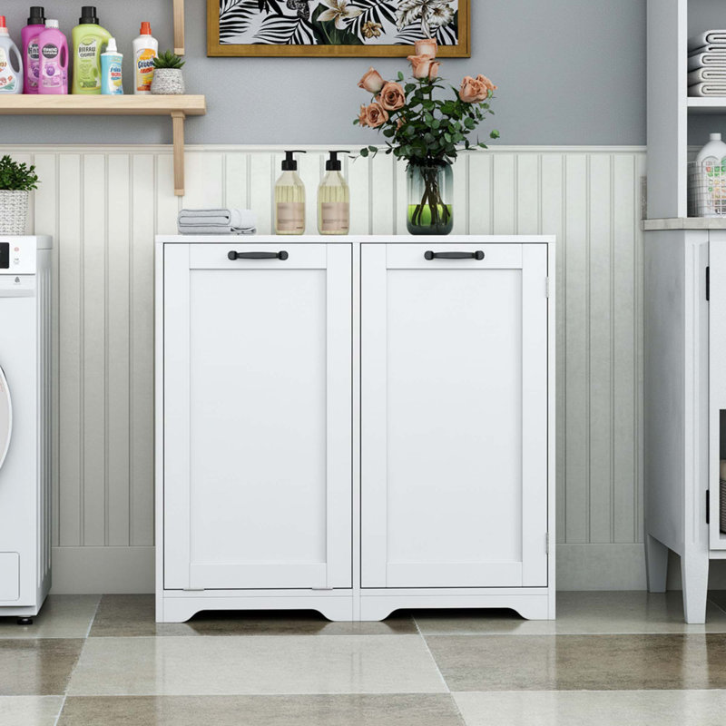 Freestanding Laundry Cabinet With Doors, Tilt Out Hamper, Adjustable Shelf, White Storage Solution