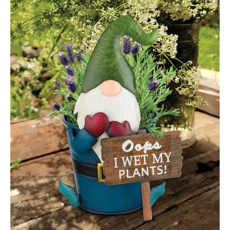 12 Inch Gnome Planter Metal Garden Statues Standard - Oops I wet my Plants